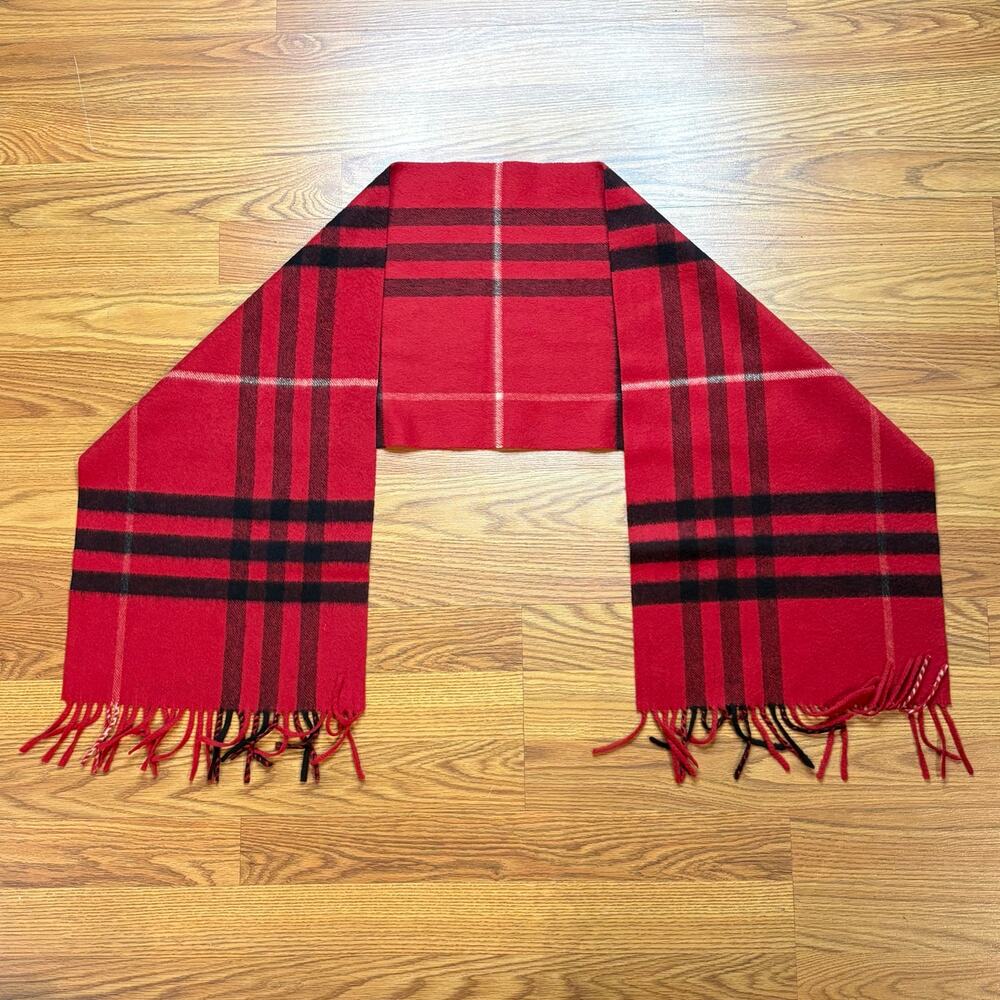 Vintage 1990s Burberry 100% Cashmere Red Nova Check Fringed Red Black Accessory